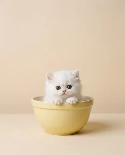 White Kitten in Pastel Yellow Bowl