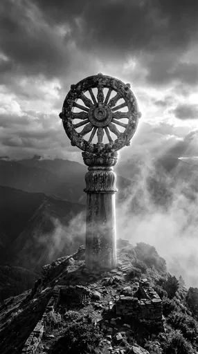 Monochrome Stone Dharmachakra Pillar on Mountain