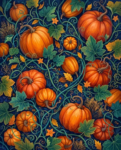 Illustrated Orange Pumpkins and Emerald Vines Pattern