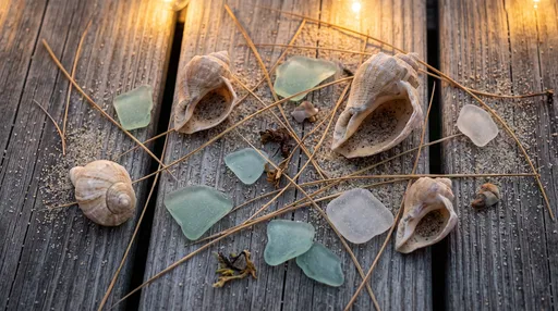 Seashells and Sea Glass on Wood