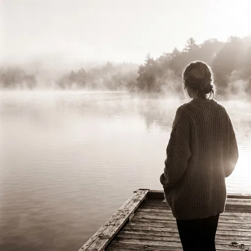 Woman on Dock Overlooking Misty Lake