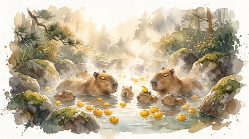 Watercolor Capybara Family in Yuzu Hot Spring