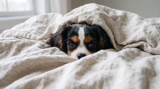 Tri-Color Spaniel Puppy Under Linen Blanket
