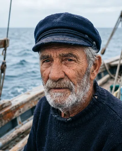 Weathered Elderly Fisherman Portrait at Sea