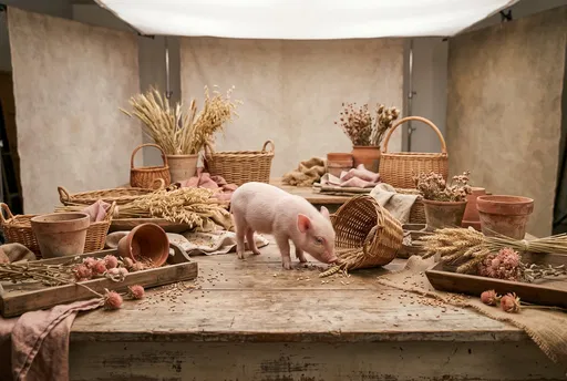 Pink Piglet on Rustic Studio Tabletop