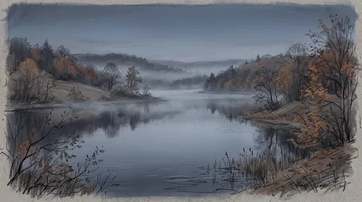 Misty Autumn Lake Pastel Landscape Drawing