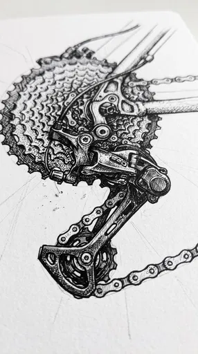 Ink Drawing of Bicycle Derailleur and Cassette