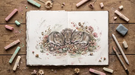 Pastel Drawing of Sleeping Baby Mice