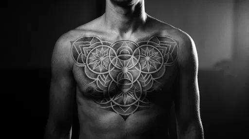 Monochrome Geometric Mandala Chest Tattoo