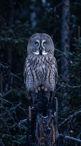 Great Grey Owl on Charred Tree Stump