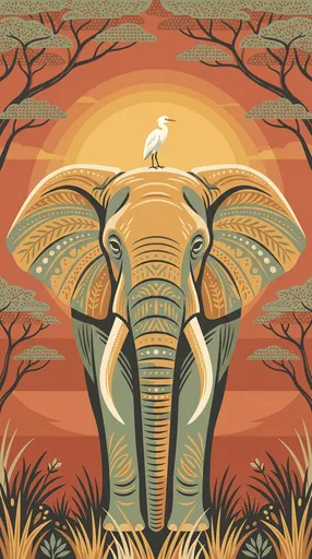 Symmetrical Illustrated Elephant With White Egret