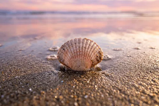 Scallop Shell on Wet Sunset Beach