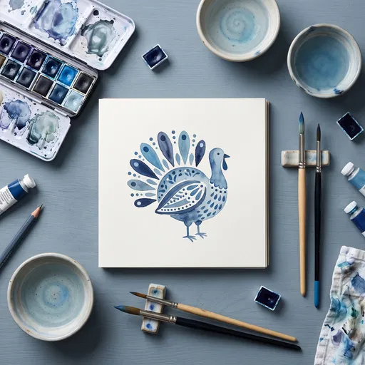 Blue Watercolor Folk Art Turkey Flat Lay