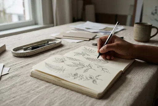 Hand Sketching Botanical Leaves in Notebook