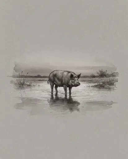 Ink Wash Drawing of Pig in Water