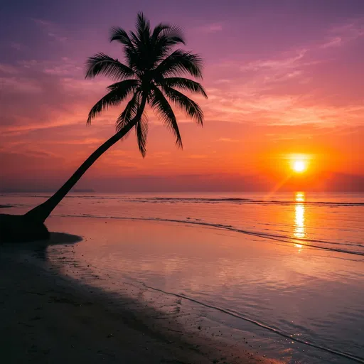 Tropical Beach Sunset with Leaning Palm