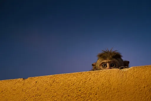 Curious Monkey Peeking Over Yellow Wall