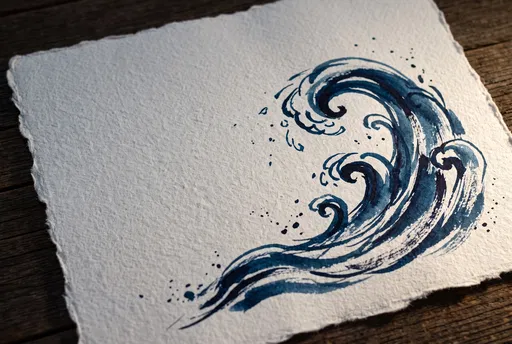 Blue Ink Ocean Wave on Deckle Paper