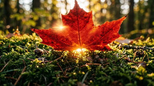 Backlit Red Maple Leaf on Forest Moss