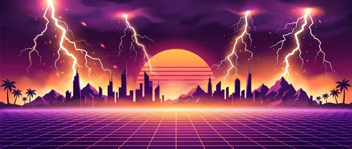 Retro Synthwave Cityscape with Lightning Bolts