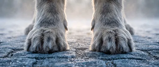 Close-Up of Large Dog Paws on Frost