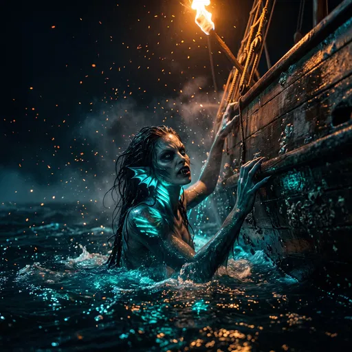 Bioluminescent Siren Climbing Wooden Ship at Night