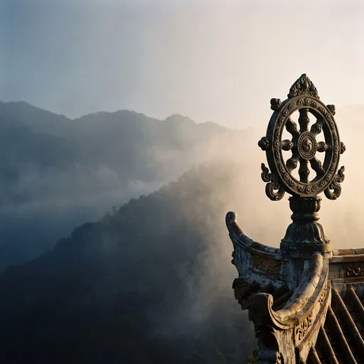 Bronze Dharmachakra Finial Over Misty Mountains