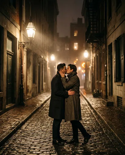 Couple Kissing in Misty Cobblestone Alley