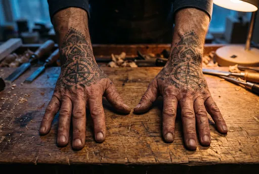 Tattooed Woodworker Hands Resting on Workbench