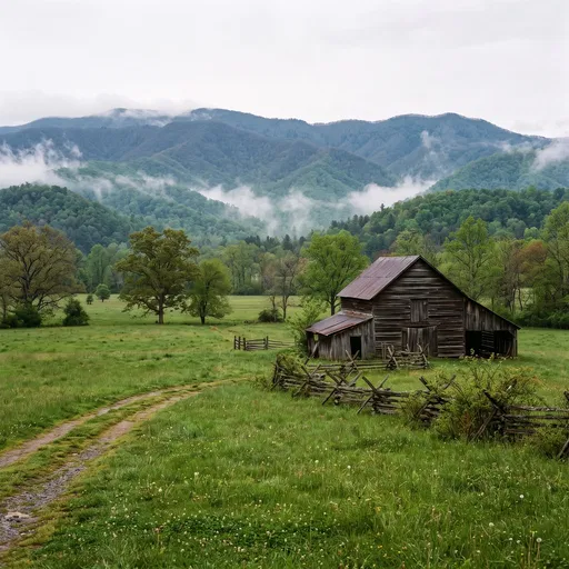 Rustic Wooden Barn in Misty Mountain Meadow