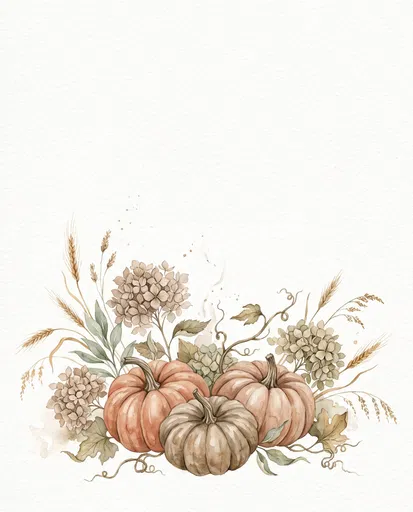 Watercolor Autumn Pumpkins and Hydrangeas Background