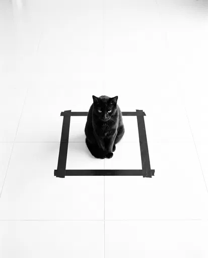 Black Cat Sitting in Tape Square