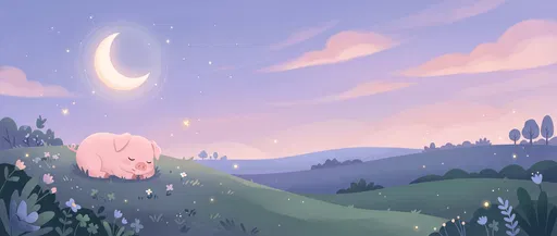 Sleeping Piglet Under Crescent Moon Illustration