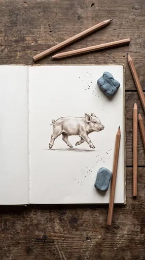 Sepia Piglet Sketch in Open Notebook