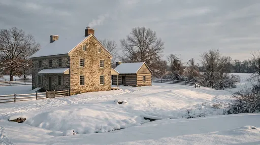 Colonial Stone Farmhouse in Winter Snow