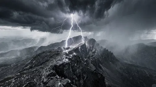 Monochrome Lightning Strike on Mountain Ridge