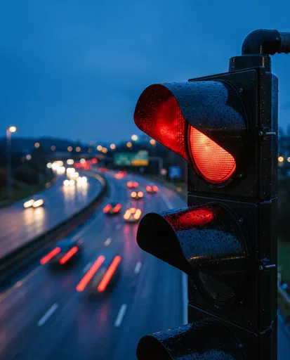 Wet Red Traffic Light Above Dusk Highway