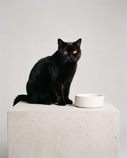 Black Cat Beside Bowl on Plinth