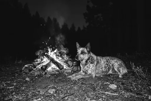 Cattle Dog Resting Beside Night Campfire