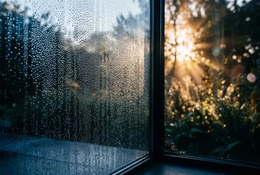 Morning Dew on Window Overlooking Sunlit Garden