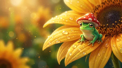 Cute Cartoon Frog on Sunflower Petal