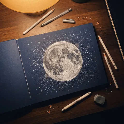 White Charcoal Moon Drawing in Navy Sketchbook