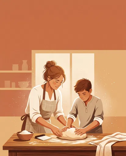 Woman Teaching Teenager to Knead Bread Dough