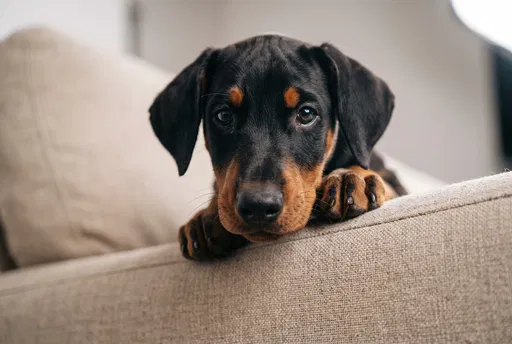 Doberman Puppy on Beige Sofa