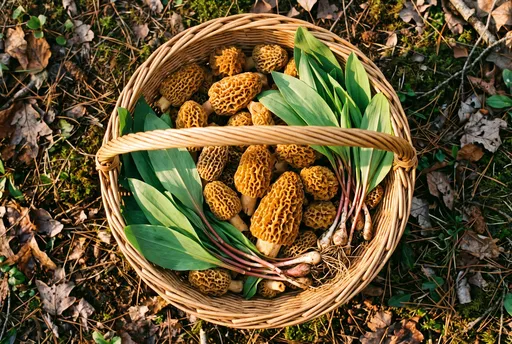 Wicker Basket of Morels and Ramps