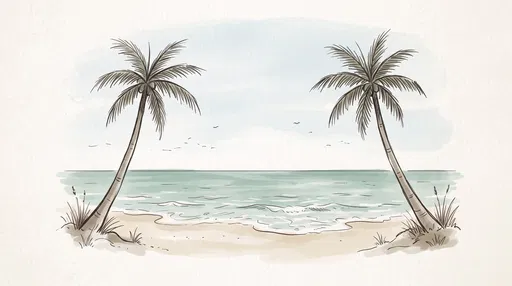 Watercolor Beach Scene With Two Palm Trees