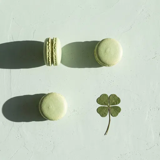 Green Macarons and Four-Leaf Clover Flat Lay