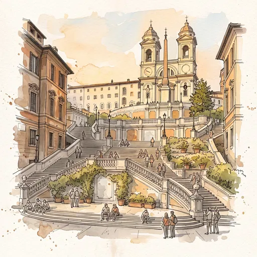 Watercolor Sketch of Spanish Steps Rome