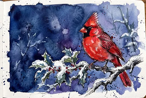 Watercolor Red Cardinal on Snowy Holly