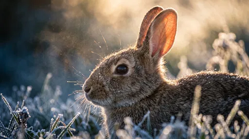Wild Brown Rabbit in Frosty Morning Meadow